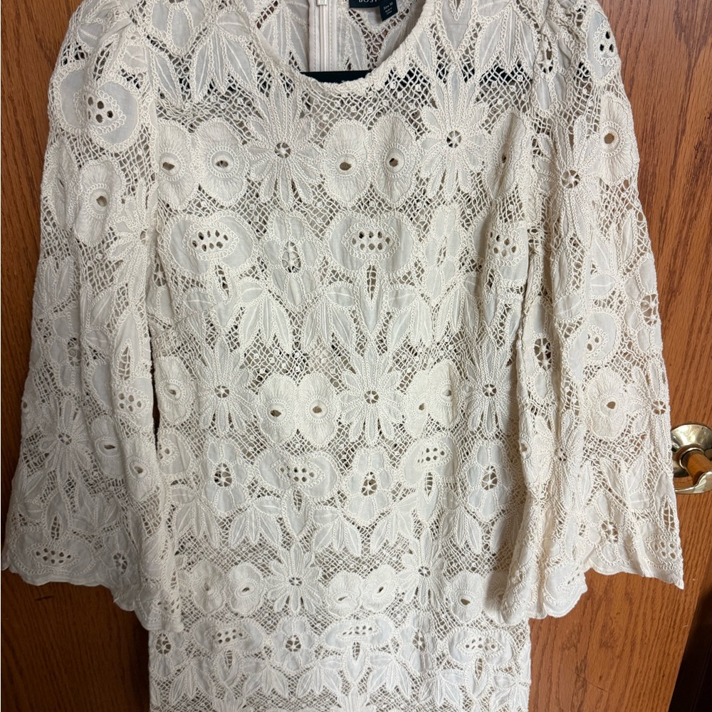 Boston Proper Crochet Lace Dress in Cream with Bell Sleeves